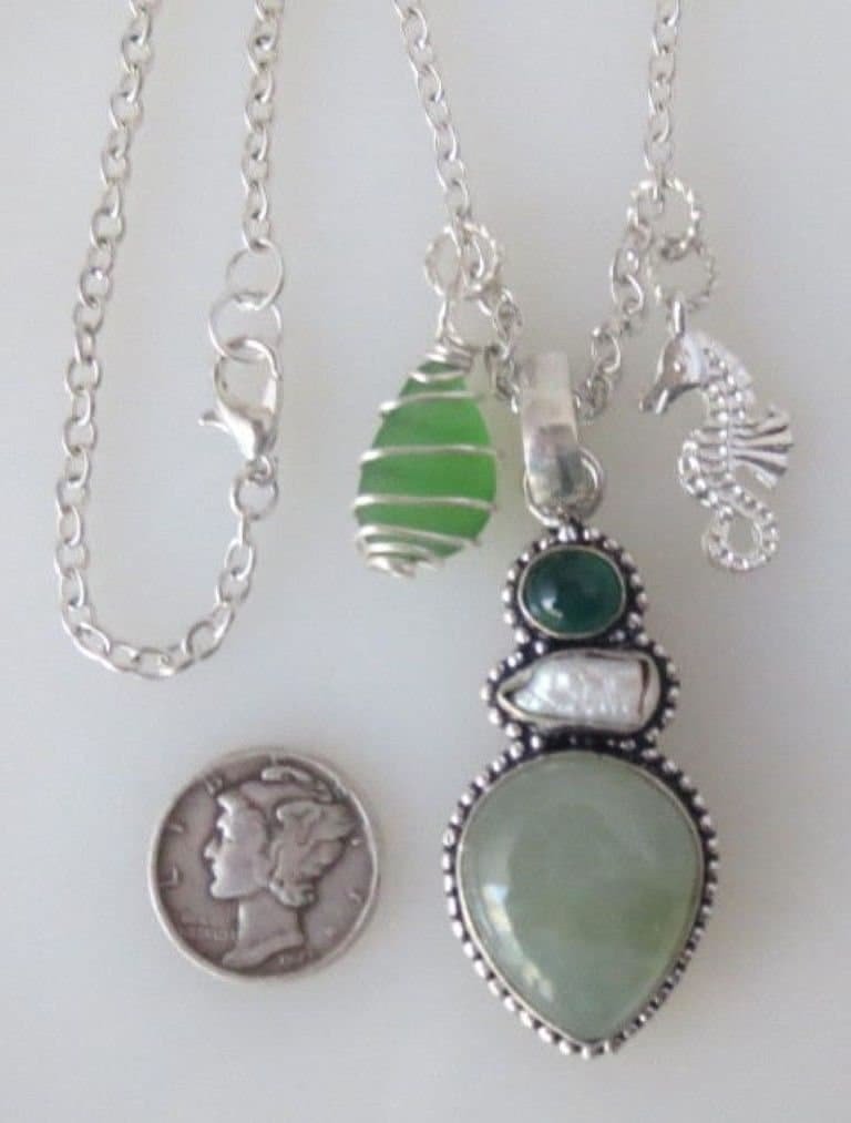 Northwest Green Sea Glass, Aquamarine, Pearl & Green Quartz, Seahorse Charm Necklace Handmade
