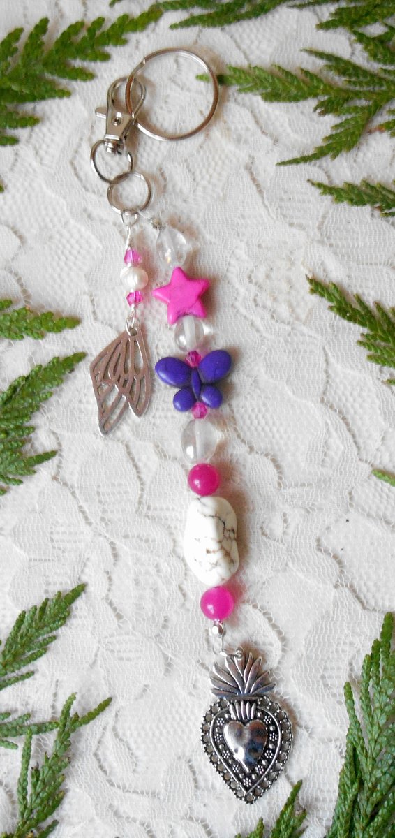 Keychain or Purse Charm Sacred Heart, Howlite Star & Butterfly, Quartz AB Nuggets, Butterfly Wing, Hot Pink Jade and Crystals, Handmade Gift