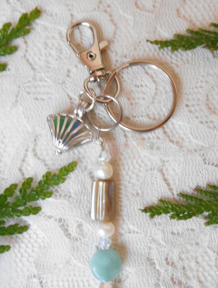 Keychain or Purse Charm, Sea Glass Northwest, Amazonite Nugget, Mother of Pearl Heart, FW Pearls, Abalone Shell, Mermaid Handmade Ocean Gift