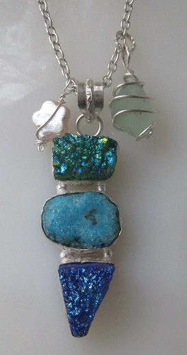 Necklace Genuine Aqua Sea Glass, Blue Green Titanium Raw Druzy Crystals, Solar Quartz, Star Pearl Charm on Chain Choose Length