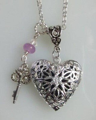 Necklace Aromatherapy Oil Diffuser Heart Locket, Owl Key Charm, Lavender Jade, Crystal, on Chain, Choose Length Valentines Day Handmade Gift