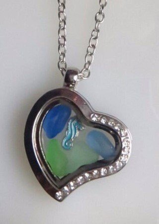 Necklace Northwest Sea Glass, Seahorse in Heart Floating Memory Locket on Chain, Ocean Gift, Handmade