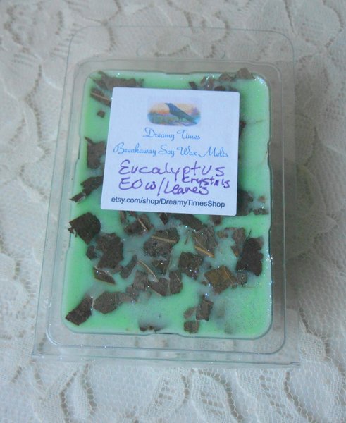 Eucalyptus EO Soy Wax Breakaway Tart Melts in Green, Infused with Quartz Crystals & Leaves, 3 oz Aromatherapy Smokeless Smudging