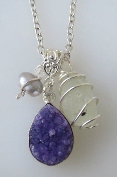 Necklace Northwest Bonfire Sea Glass, Purple Raw Druzy Crystal, Pearl Charm, Choose Chain Length, Handmade Ocean Gift