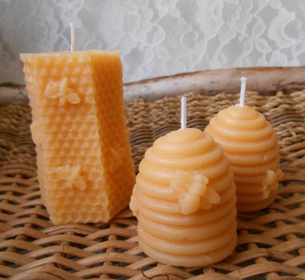 Candles Pure Beeswax 2 Beehive Shape Votives & 1 Pillar Choose Natural Honey Scent or Lavender Essential Oil Scent Skep Set of 3 Handmade