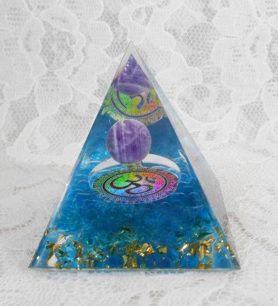 Orgonite Pyramid Galaxy Amethyst Purple Sphere, Blue Quartz Crystals Gold Leaf, 2" Size Orgone EMF Protection Positive Energy Handmade Gift