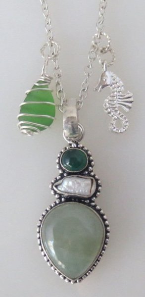 Northwest Green Sea Glass, Aquamarine, Pearl & Green Quartz, Seahorse Charm Necklace Handmade