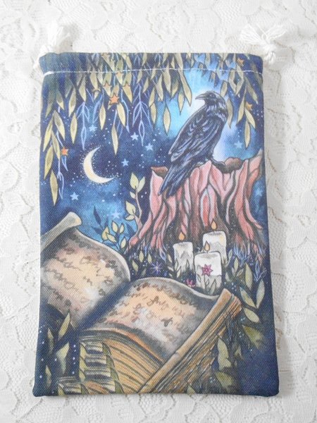 Tarot or Oracle Card Deck Bag, 8-1/4" x 5-1/2" Black Crow or Raven, Moon, Stars, Candles for Travel Size Cards, Treasure or Crystal Pouch