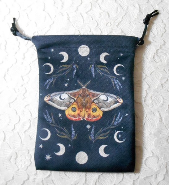 Tarot or Oracle Card Deck Bag, 5" x 7" Night Moth, Moon Phases & Stars, for Travel Size Cards, Treasure or Crystal Pouch