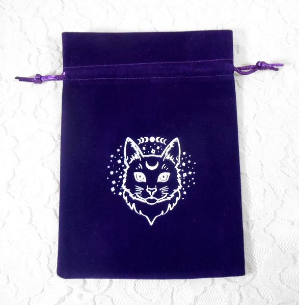 Tarot or Oracle Card Deck Drawstring Bag Purple Velveteen, Cat with Crescent Moon, 5-1/8" x 7-1/4", for Travel Size Cards, Treasure Pouch