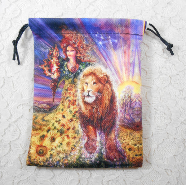 Leo Sun Sign Bag Tarot or Oracle Card Deck, 5" x 7", Lion & Woman, Astrology, Sunflowers, Treasure Crystal Pouch, for Travel Size Cards Gift