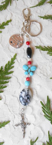 Keychain or Purse Charm, Zebra Jasper, Howlite Turquoise Butterfly, Black Onyx, Coral, Cross with Rose, Love You To The Moon and Back, Gift