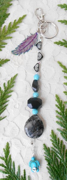 Keychain or Purse Charm, Turtle & Feather Charms, Tourmaline Quartz, Howlite Turquoise, Black Onyx, Crystals, Lobster Clasp, Handmade Gift