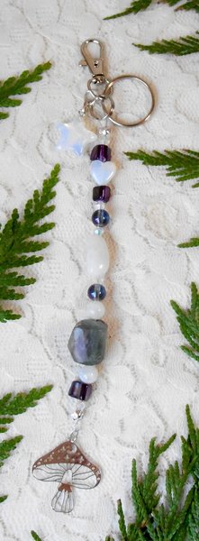 Keychain or Purse Charm, Rainbow Moonstone and Fluorite, Opalite Star & Heart, Crystal AB Beads, Purple Shell, Mushroom Charm, Handmade Gift
