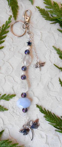 Keychain or Purse Charm, Dragonflies, Blue Chalcedony, Crystal Quartz, Rainbow Hematite Star, AB Crystals, White FW Pearls, Handmade Gift