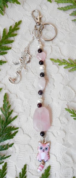 Keychain or Purse Charm, Pink Tabby Cat, Rose Quartz Faceted Nugget, Heart, Garnet, AB Crystals, White FW Pearls, Handmade Gift, Key Ring