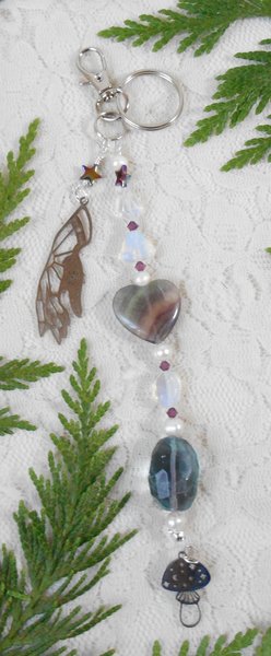 Keychain or Purse Charm, Fortune Teller Hand & Mushroom Charms, Rainbow Fluorite, Faceted Opalite, Purple Crystals, FW Pearls, Handmade Gift